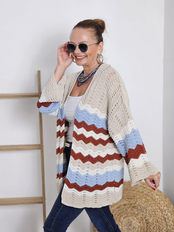 FELİX12384 Zigzag Desenli Mavi Kiremit Bej Hırka