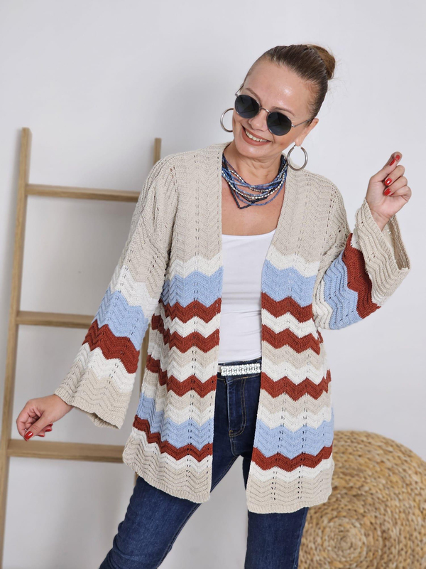 FELİX12384 Zigzag Desenli Mavi Kiremit Bej Hırka