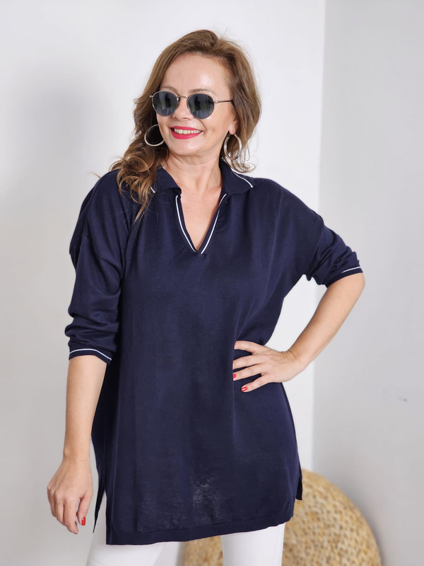 FELİX12391 Polo V Yaka Biyeli Dirsek Kol Lacivert Triko Bluz