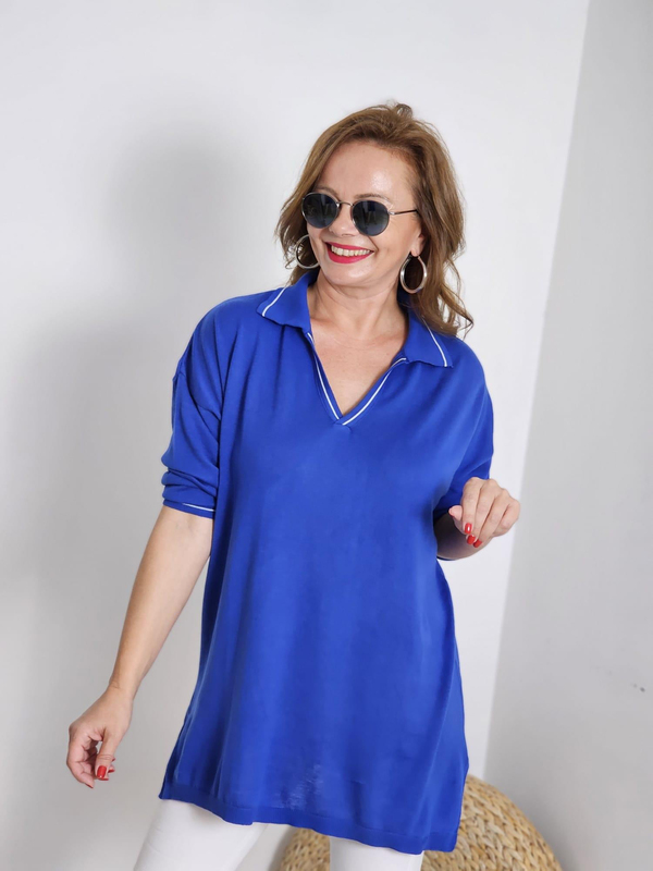 FELİX12393 Polo V Yaka Biyeli Dirsek Kol Saks Triko Bluz