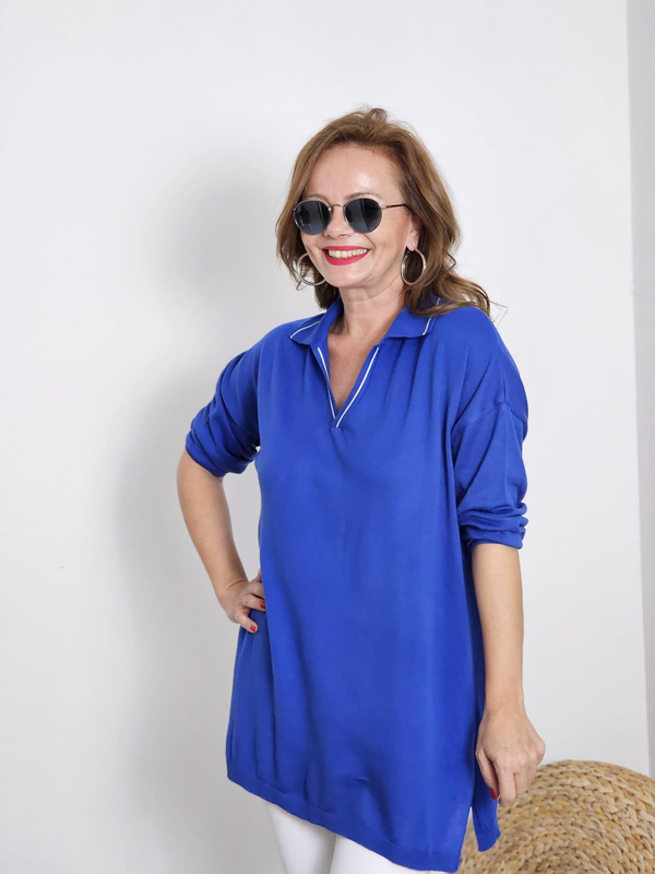 FELİX12393 Polo V Yaka Biyeli Dirsek Kol Saks Triko Bluz