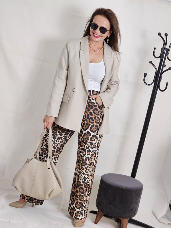 FELİX12560 Bol Paça Likralı Leopar Desenli Kahverengi Pantolon