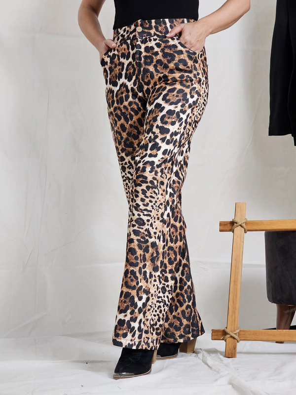 FELİX12560 Bol Paça Likralı Leopar Desenli Kahverengi Pantolon
