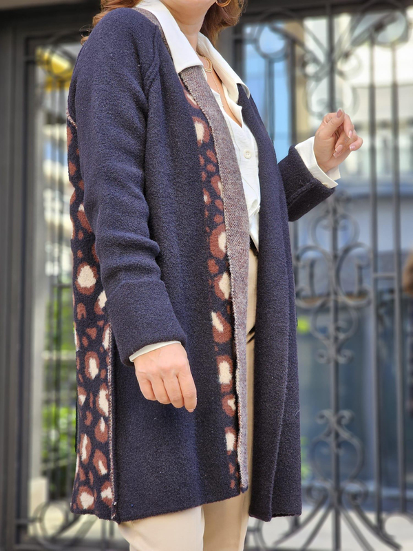 FELİX12622 Leopar Detaylı Siyah Uzun Angora Hırka