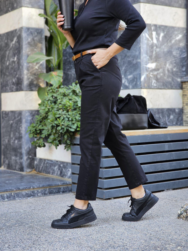 FELİX12632 Bel Lastikli Kemerli Bilek Boy Siyah Pantolon