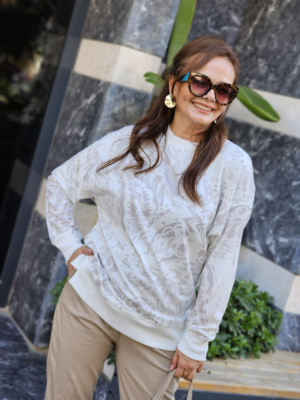 FELİX12646 Yuvarlak Yaka Etnik Desenli  Krem Sweatshirt