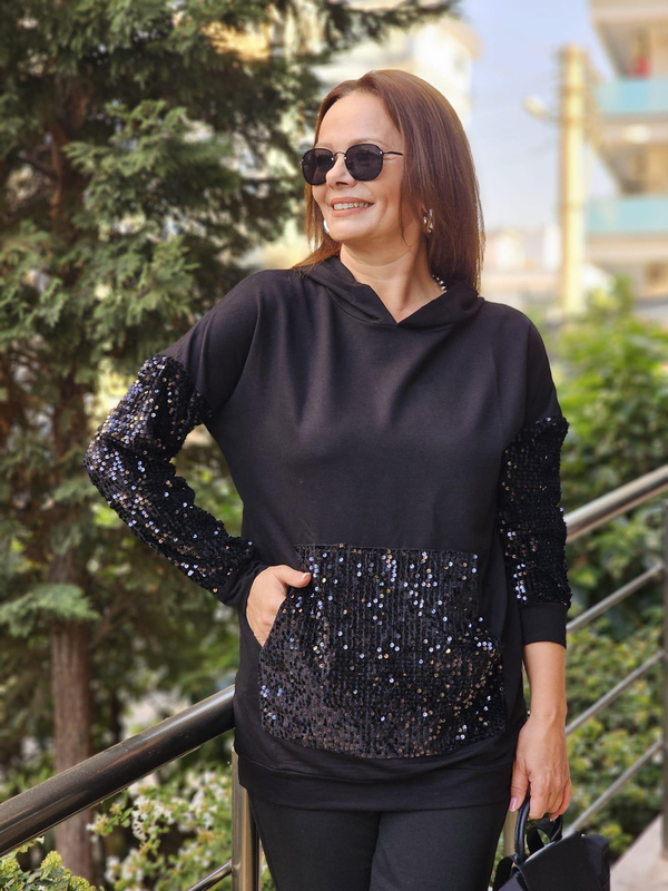 FELİX12653 Kol Cep Pul Detaylı Kapüşonlu Siyah Sweatshirt