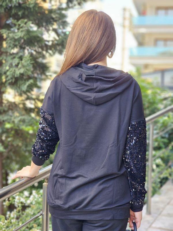 FELİX12653 Kol Cep Pul Detaylı Kapüşonlu Siyah Sweatshirt