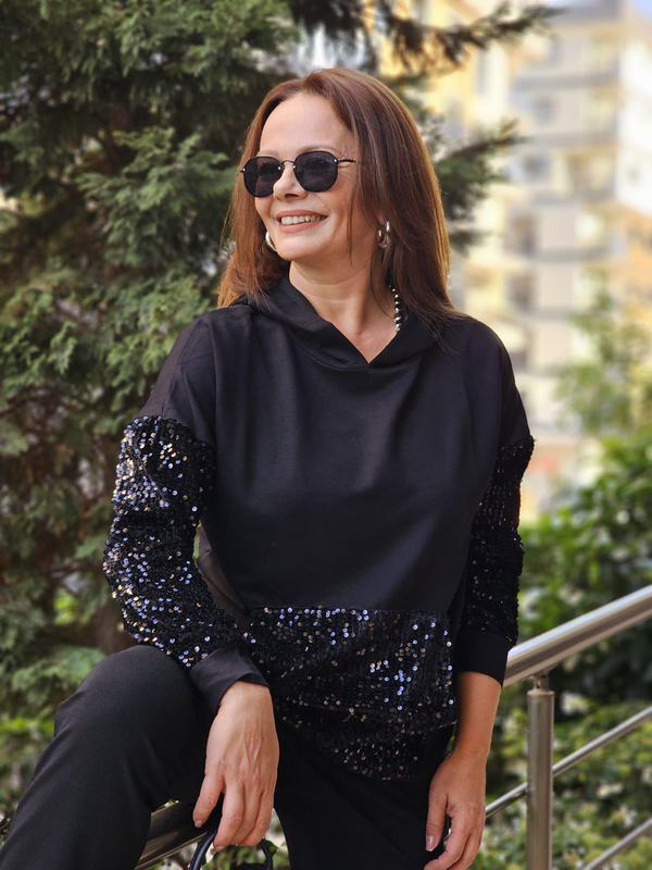 FELİX12653 Kol Cep Pul Detaylı Kapüşonlu Siyah Sweatshirt