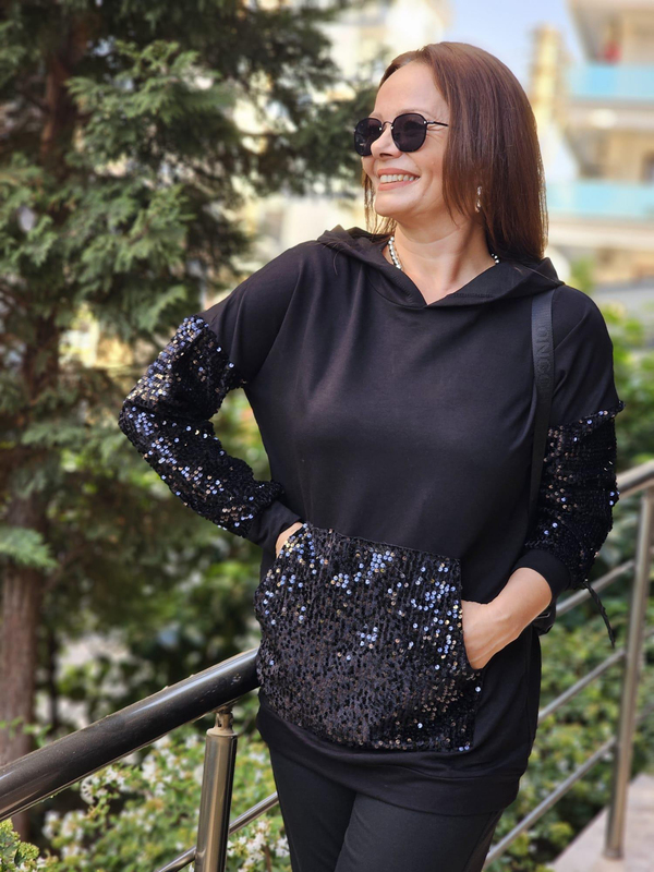 FELİX12653 Kol Cep Pul Detaylı Kapüşonlu Siyah Sweatshirt