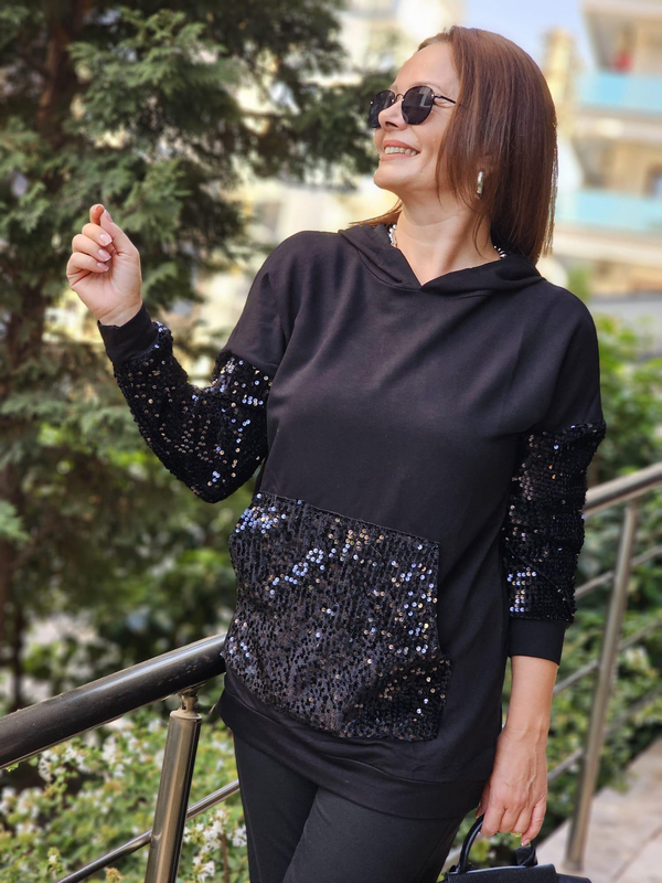 FELİX12653 Kol Cep Pul Detaylı Kapüşonlu Siyah Sweatshirt