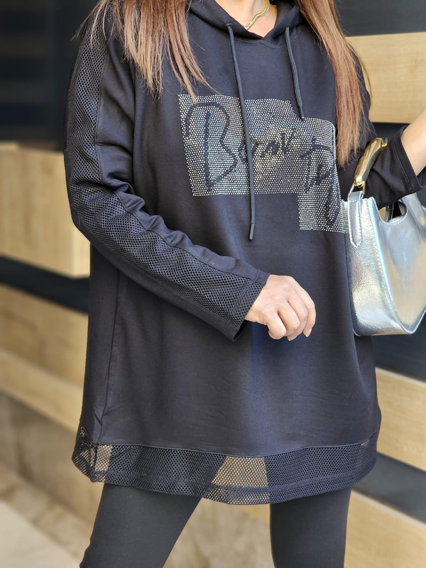 FELİX12655 Etek Ucu Kolu File Detaylı Taş Baskılı Kapüşonlu Siyah Sweatshirt