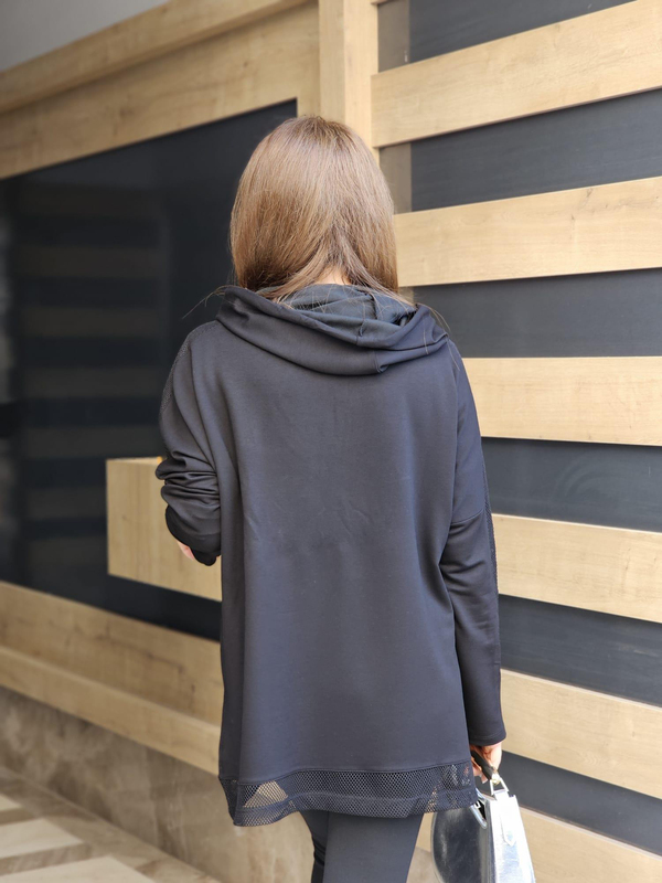 FELİX12655 Etek Ucu Kolu File Detaylı Taş Baskılı Kapüşonlu Siyah Sweatshirt