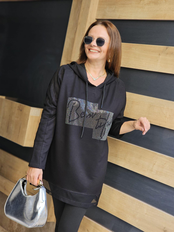 FELİX12655 Etek Ucu Kolu File Detaylı Taş Baskılı Kapüşonlu Siyah Sweatshirt