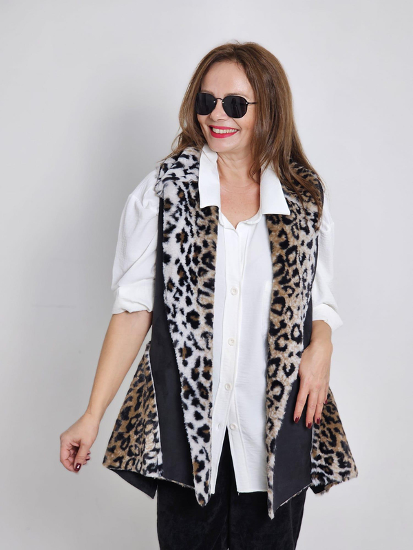 FELİX12712 İçi Leopar Kürklü İthal Siyah Yelek
