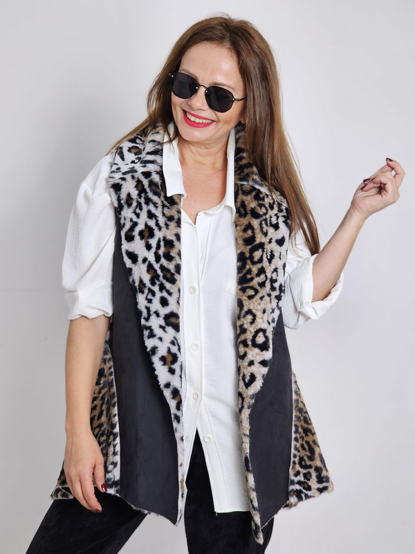 FELİX12712 İçi Leopar Kürklü İthal Siyah Yelek