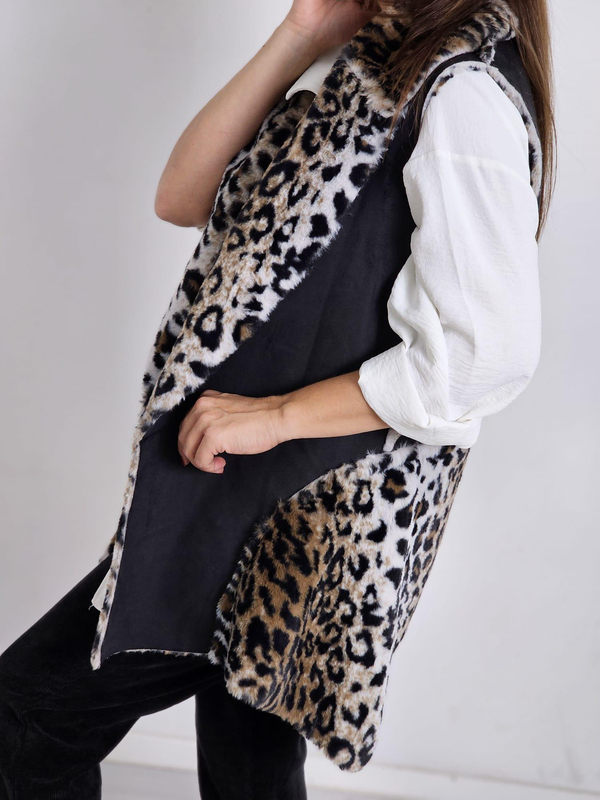 FELİX12712 İçi Leopar Kürklü İthal Siyah Yelek