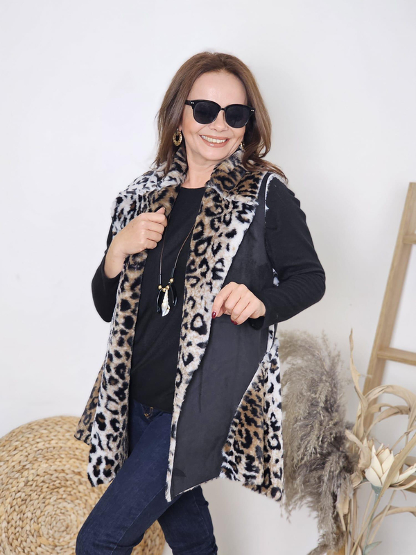 FELİX12712 İçi Leopar Kürklü İthal Siyah Yelek