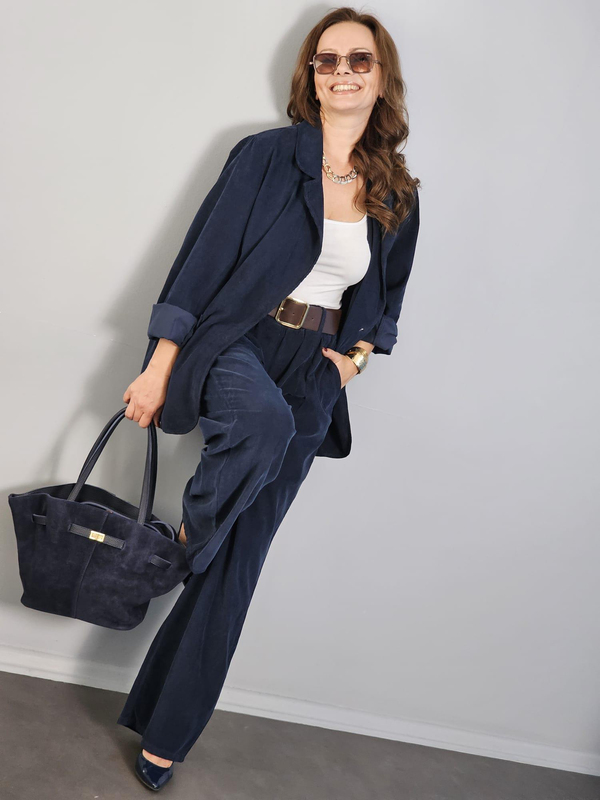 FELİX12772  İnce Kadife İthal Blazer Ceket Pantolon  Lacivert Takım