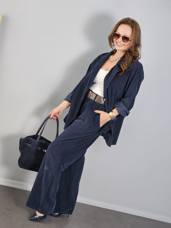 FELİX12772  İnce Kadife İthal Blazer Ceket Pantolon  Lacivert Takım