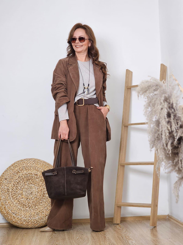 FELİX12773 İnce Kadife İthal Blazer Ceket Pantolon Kahverengi Takım