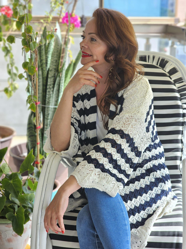 FELİX13393 Önü Açık Zig Zag Desenli Krem Lacivert Hırka
