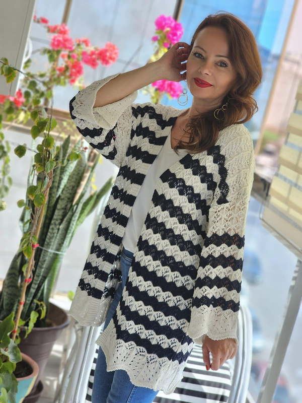 FELİX13393 Önü Açık Zig Zag Desenli Krem Lacivert Hırka