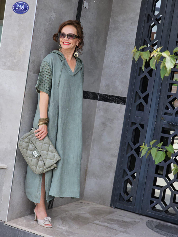 FELİX13619 Sırtı Pencere Detaylı Kapüşon Kol File İthal Keten Haki Yeşil Elbise