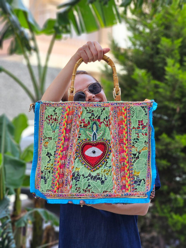 FELİX13636 Ahşap Saplı Boncuk Dantel Detaylı İthal Kilim Çanta