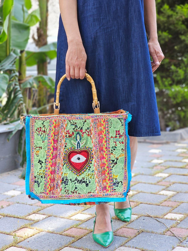 FELİX13636 Ahşap Saplı Boncuk Dantel Detaylı İthal Kilim Çanta