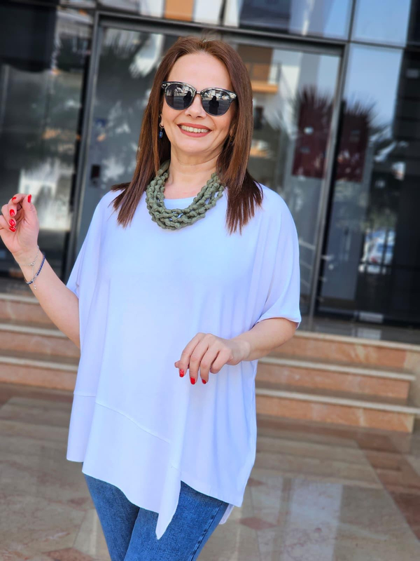 FELİX13993 Rahat Kalıp Beyaz Asimetrik Viskon Penye Bluz