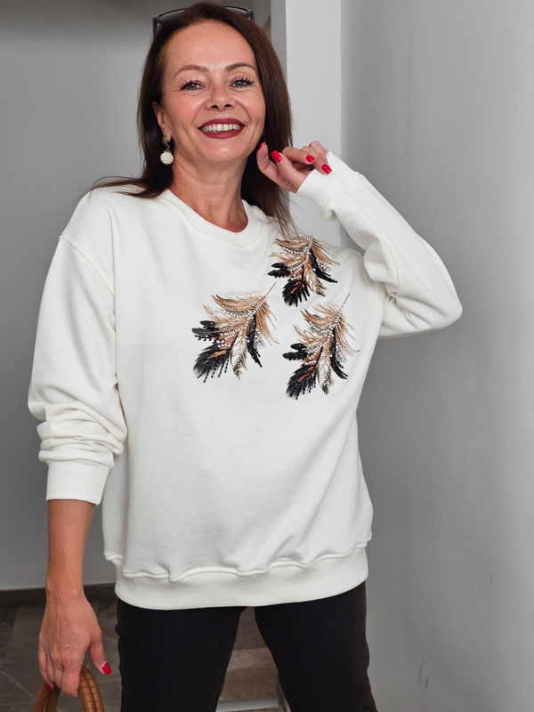FELİX14045 Bisiklet Yaka Yaprak Desenli İnci Detaylı Krem Sweatshirt