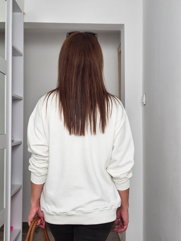 FELİX14045 Bisiklet Yaka Yaprak Desenli İnci Detaylı Krem Sweatshirt