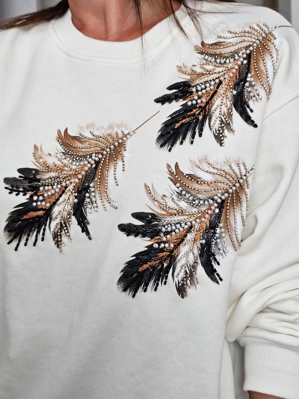 FELİX14045 Bisiklet Yaka Yaprak Desenli İnci Detaylı Krem Sweatshirt