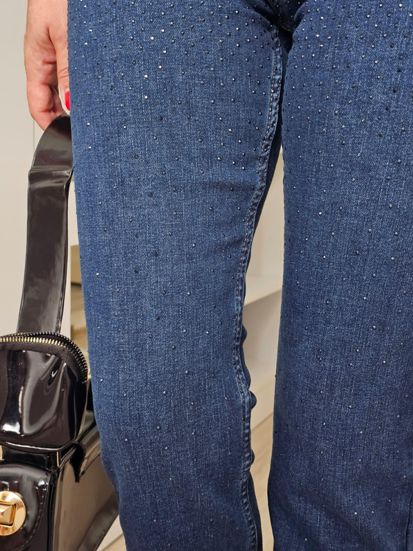 FELİX14055 Paça Püsküllü Taşlı Koyu Mavi Kot Pantolon