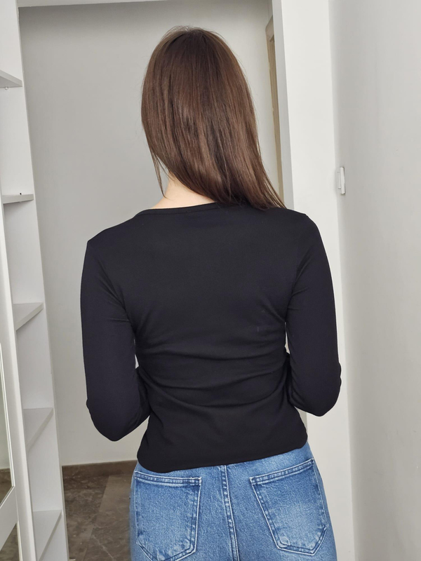 FELİX14074 Düğme Detaylı Büzgülü Siyah Body Bluz