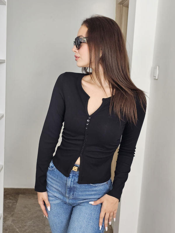 FELİX14074 Düğme Detaylı Büzgülü Siyah Body Bluz