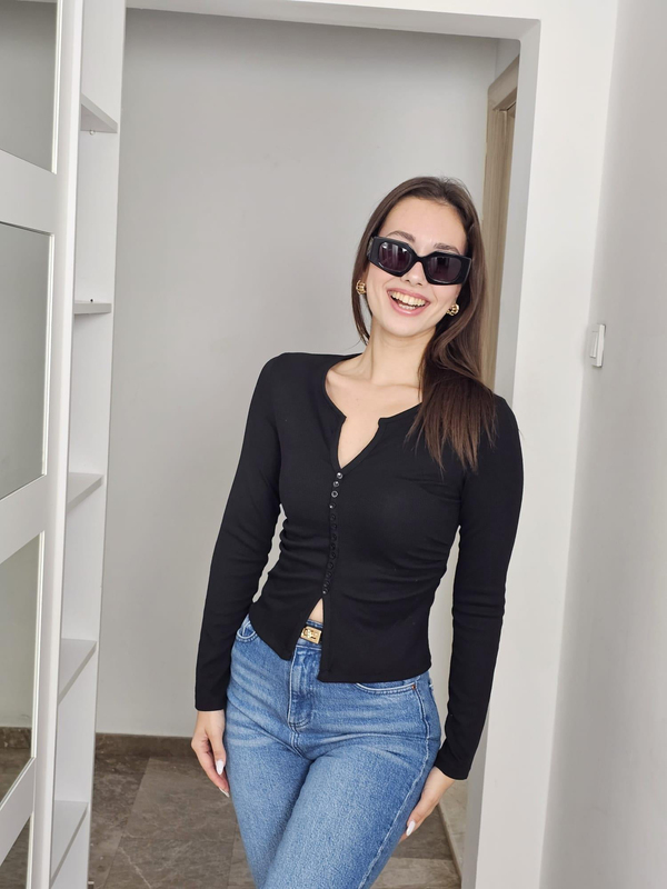 FELİX14074 Düğme Detaylı Büzgülü Siyah Body Bluz