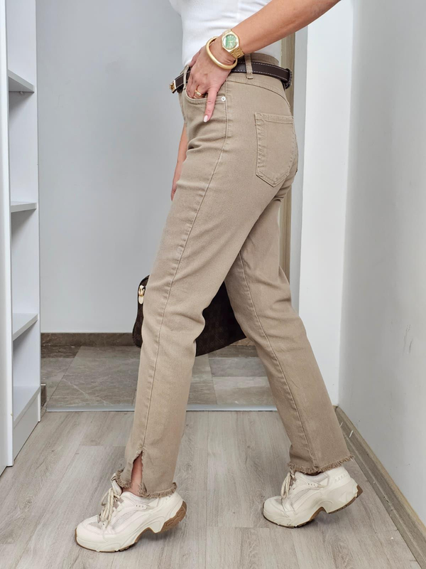 FELİX14088 Paça Yırtmaçlı Püsküllü Vizon Kot Pantolon