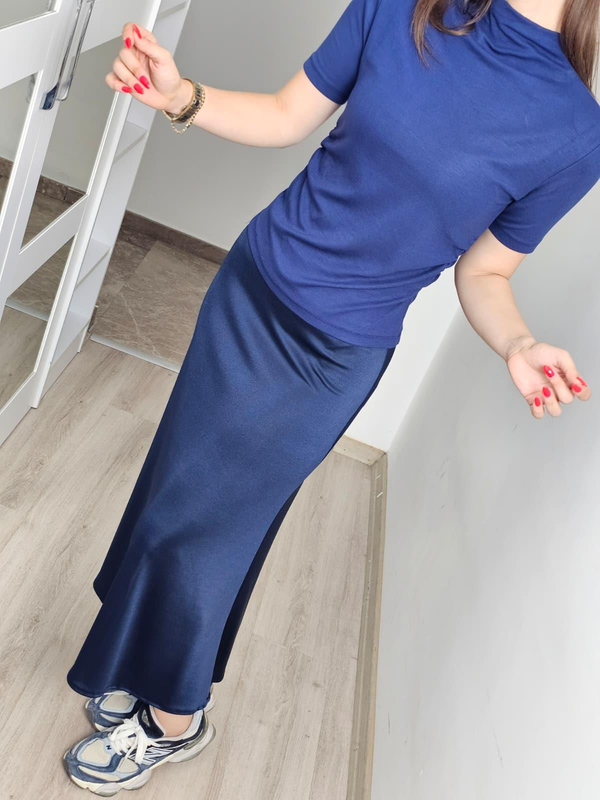 FELİX14165 Lacivert Örme Saten Etek