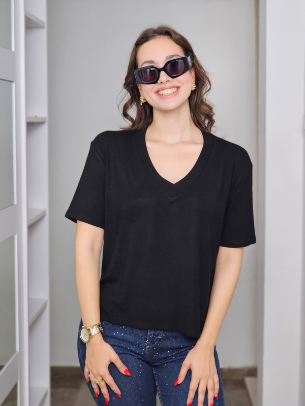FELİX14167 Siyah V Yaka Basic Tişört