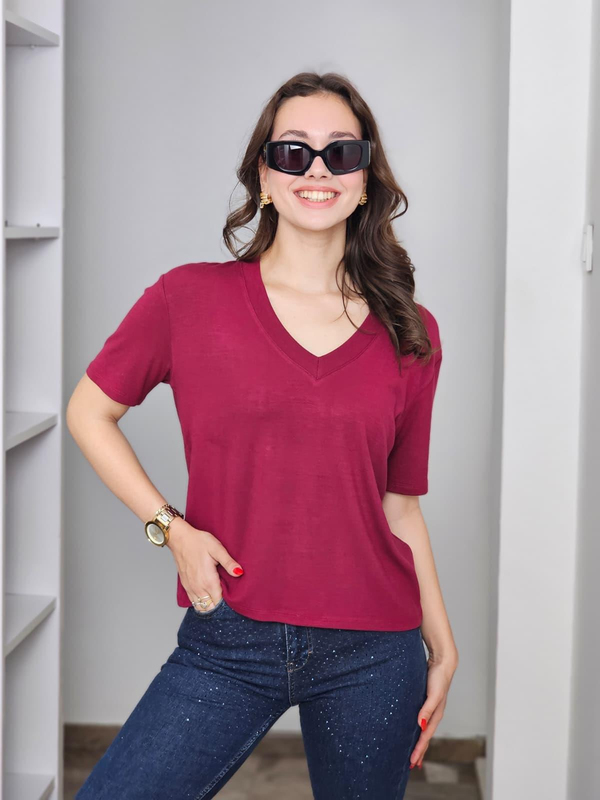 FELİX14169 Bordo V Yaka Basic Tişört
