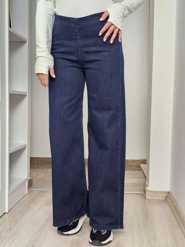 FELİX14229 Bel Lastikli Arka Cepli Palazzo Koyu Lacivert Jean Pantolon
