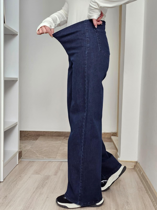 FELİX14229 Bel Lastikli Arka Cepli Palazzo Koyu Lacivert Jean Pantolon