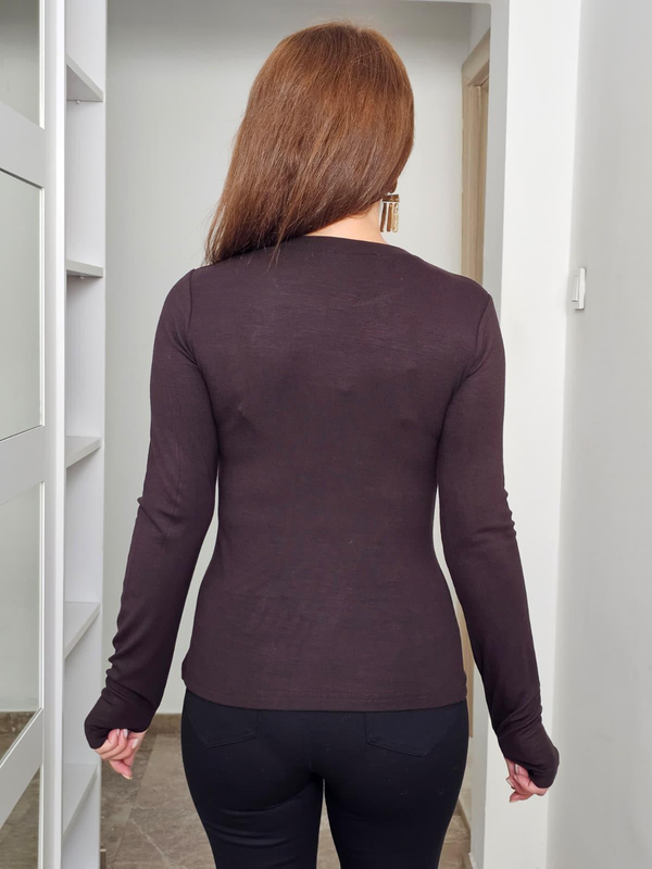 FELİX14237 Bisiklet Yaka Uzun Kol Parmak Geçmeli Kahverengi Body Bluz
