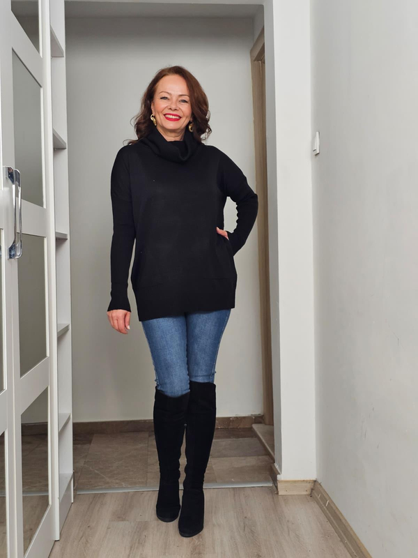 FELİX14262 Degaje Yaka Yandan Cepli Siyah Triko Kazak