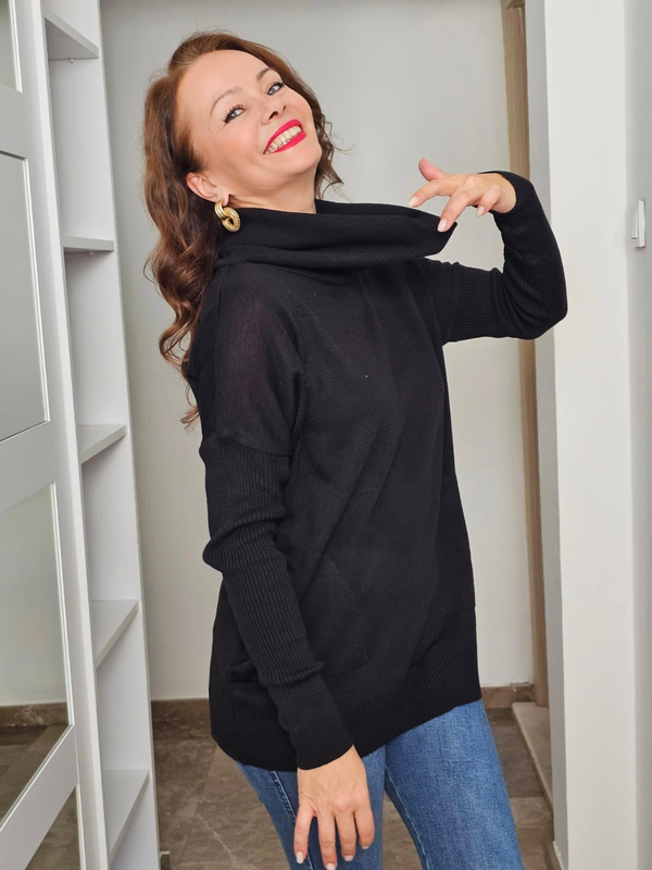 FELİX14262 Degaje Yaka Yandan Cepli Siyah Triko Kazak