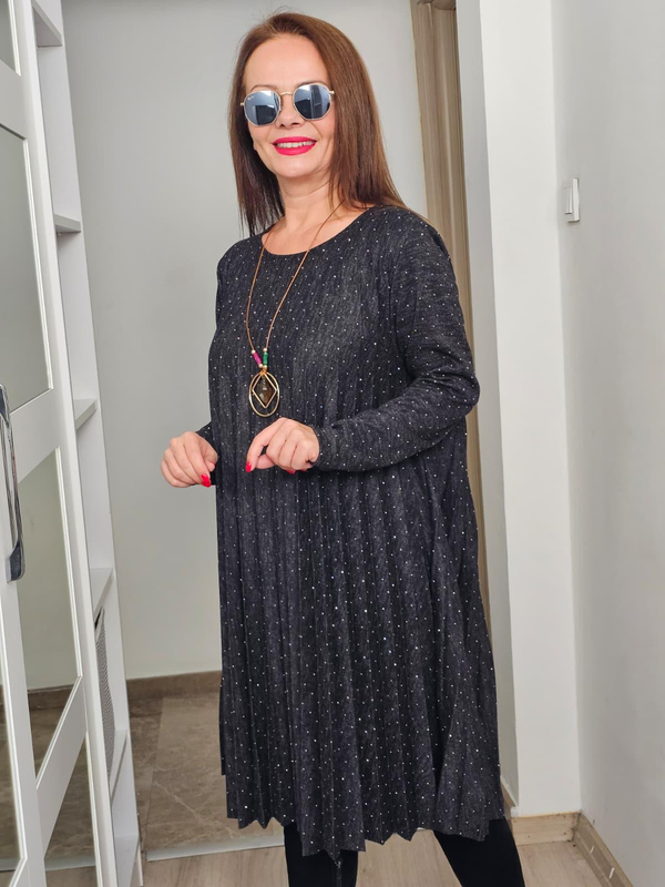 FELİX14302 Piliseli Taşlı Füme İthal Triko Elbise
