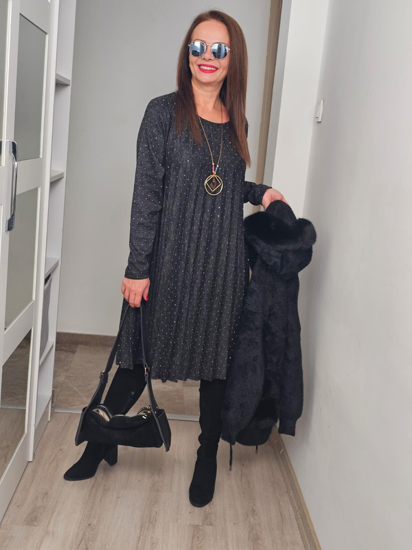 FELİX14302 Piliseli Taşlı Füme İthal Triko Elbise