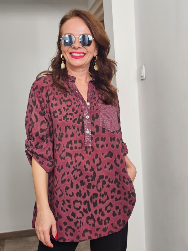 FELİX14319 Hakim Yaka Pul Detaylı Leopar Desenli İthal Bordo Bluz